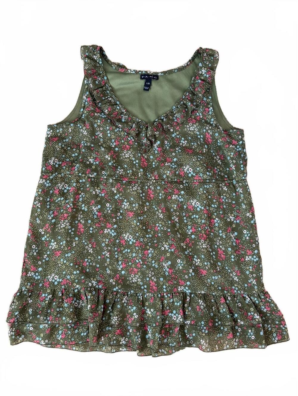 FANG Blouse Womens L Olive Green Floral Sleeveless Tunic Ruffle Hem Top